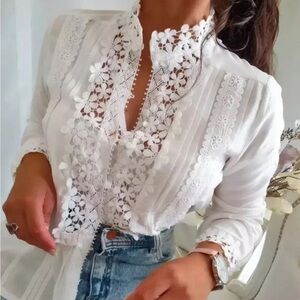New Feminine White Lace Button Front Blouse Top Boho Chic Modern Western